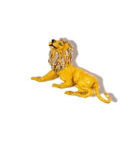 Tiffany & Co. 18 Karat Yellow Gold, Diamond and Emerald Enamel Lion Brooch