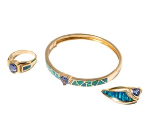 14 Karat Yellow Gold Opal, Diamond and Tanzanite Jewelry