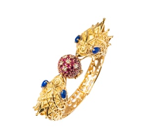 18 Karat Yellow Gold Diamond Lapis Lazuli and Ruby Bangle