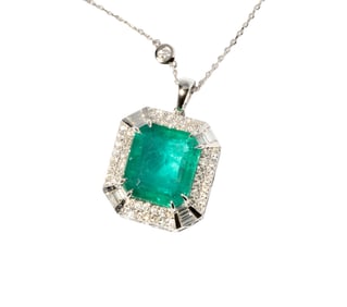 14 Karat White Gold Emerald and Diamond Necklace