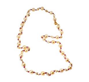 Assael Prince Dimitri 18 Karat Yellow Gold, Pearl, Ruby and Moonstone Necklace