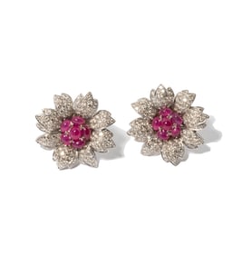 Giovane, Italian 18 Karat White Gold Diamond and Ruby Flower Earrings