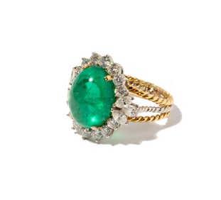 14 Karat Yellow Gold, Platinum, Diamond and Colombian Emerald Ring
