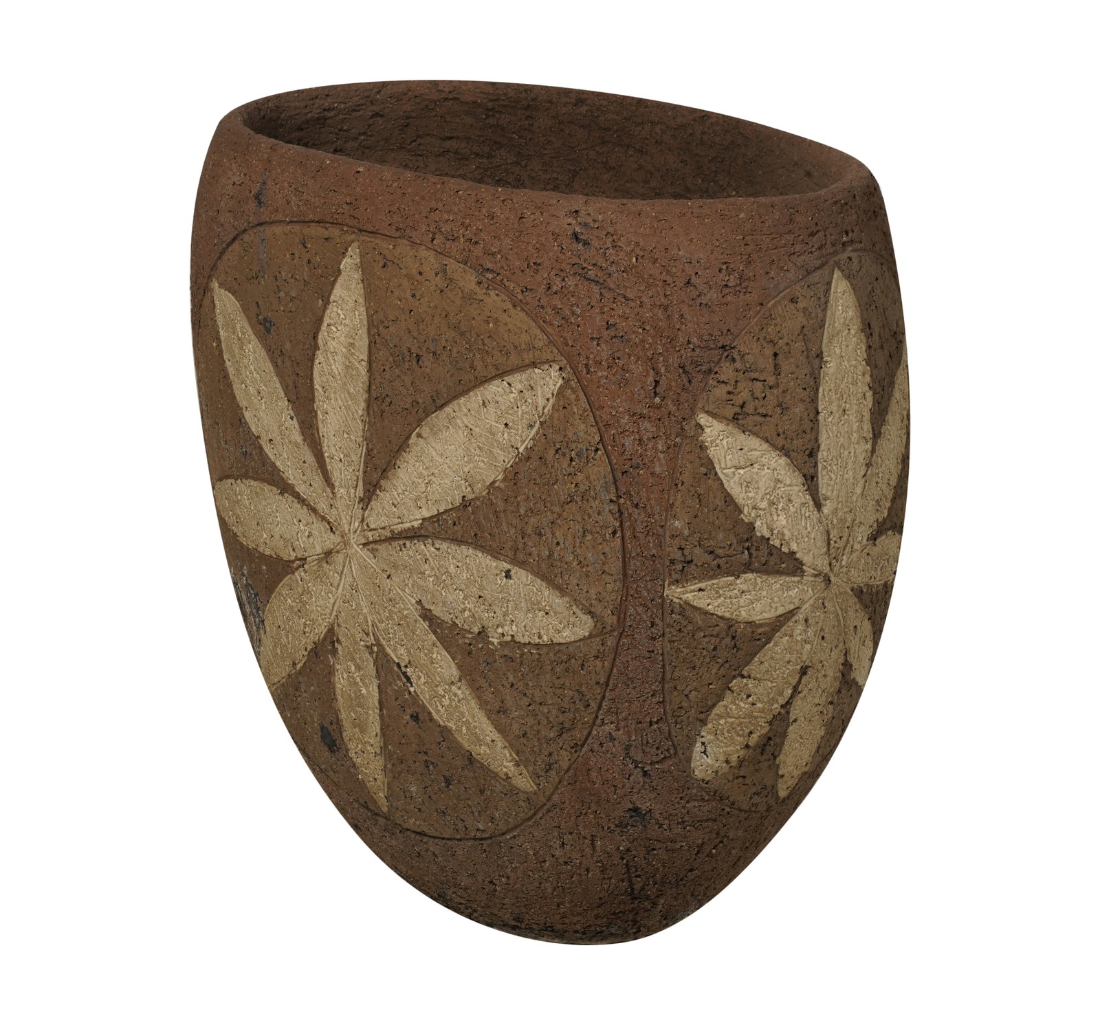 Stan Bitters, B. 1936, Flower Pot: stoneware, of flattened oval form, decorated with a flower to each side; unsigned 19 x 19 x 12 in. (48.3 x 48.3 x 30.5 cm.) Provenance: A private Trousdale Estate, Beverly Hills