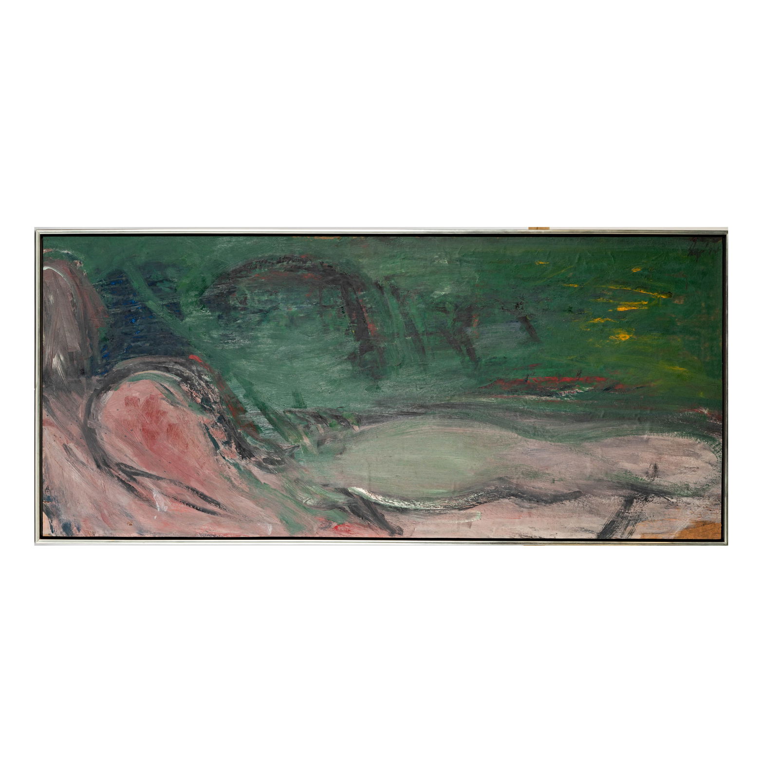 William Ivey, 1919-1992, Untitled (Green, Reds, Blue): oil on paper laid to board, 1974; signed and dated upper right 26 x 59 in. (66 x 149.9 cm.) Notes: This item does not qualify for in-house shipping. Please see our preferred shippers' list for quotes