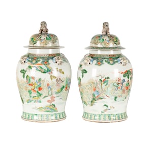 A Pair of Chinese Famille Verte Porcelain Covered Jars