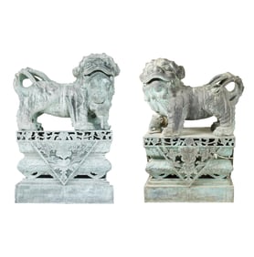 A Pair of Monumental Chinese Bronze Foo Dog Figures