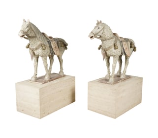 A Pair of Tang-Style Carved and Polychromed Wood Horses