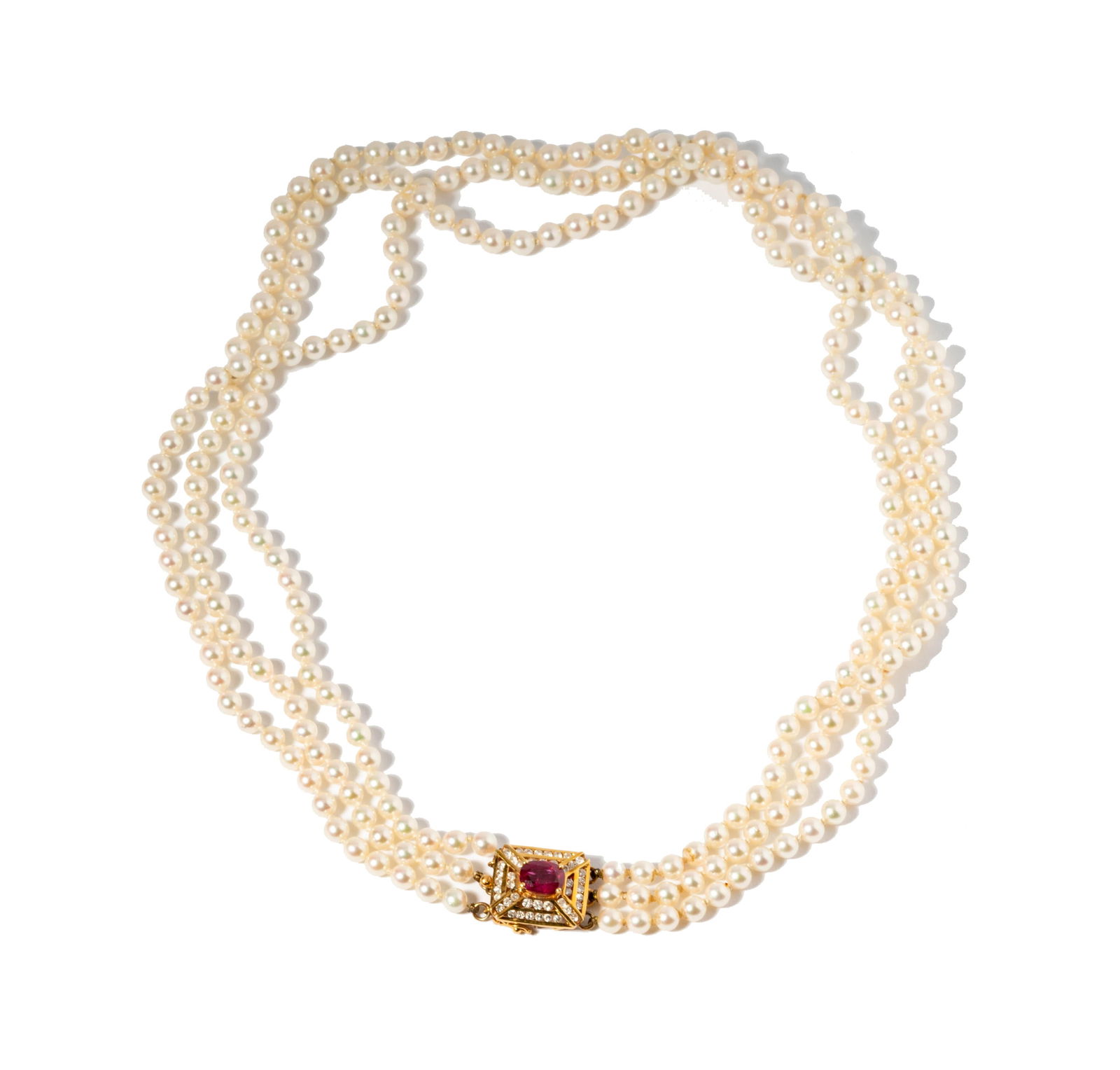 14 Karat Yellow Gold, Diamond, Ruby and Pearl Multi-strand Necklace (1 of 8)
