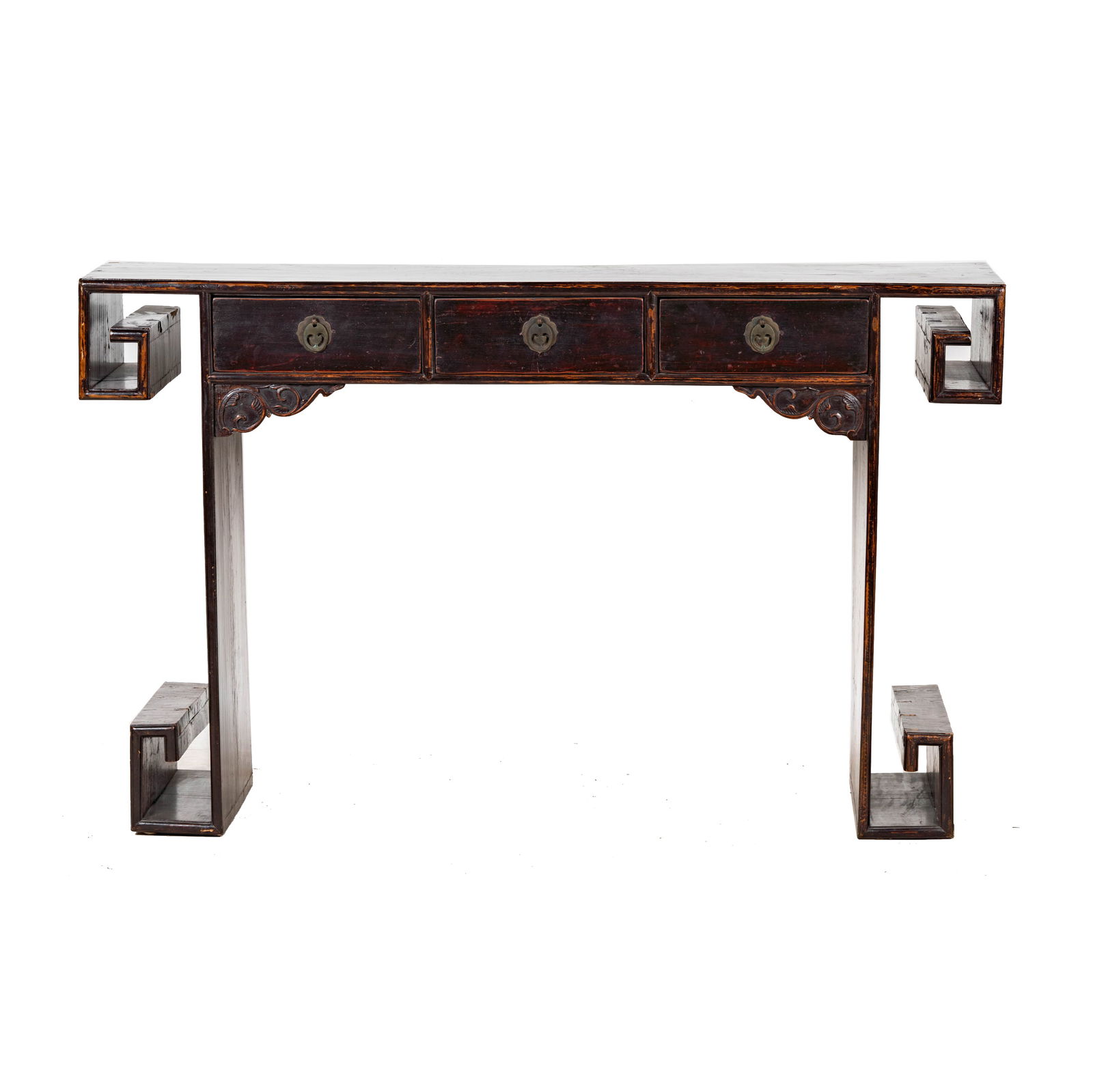 A Chinese Console Table: with three drawers; Notes: This item does not qualify for in-house shipping. Please see our preferred shippers' list for quotes or arrange for local pickup. https://www.abell.com/buy-sell/how-to-ship/