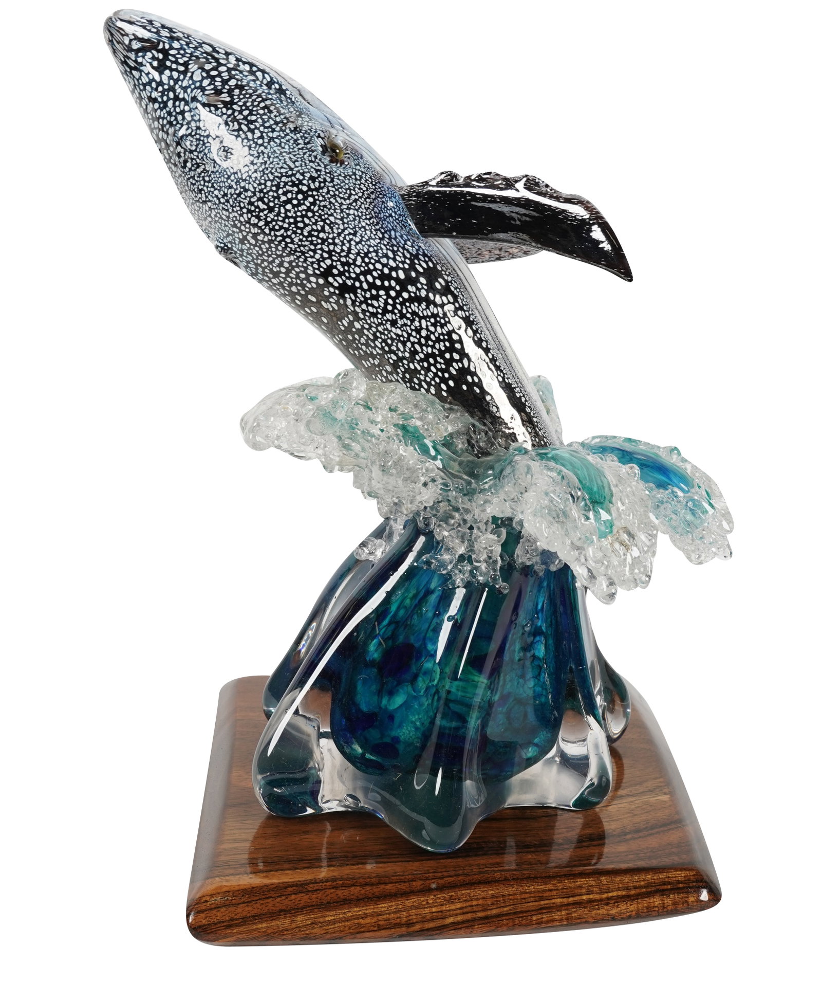 A Makai Glass Maui Humpback Whale Figure: on a koa wood stand; etched signature to underside of whale; Notes: This item does not qualify for in-house shipping. Please see our preferred shippers' list for quotes or arrange for local pickup. ht