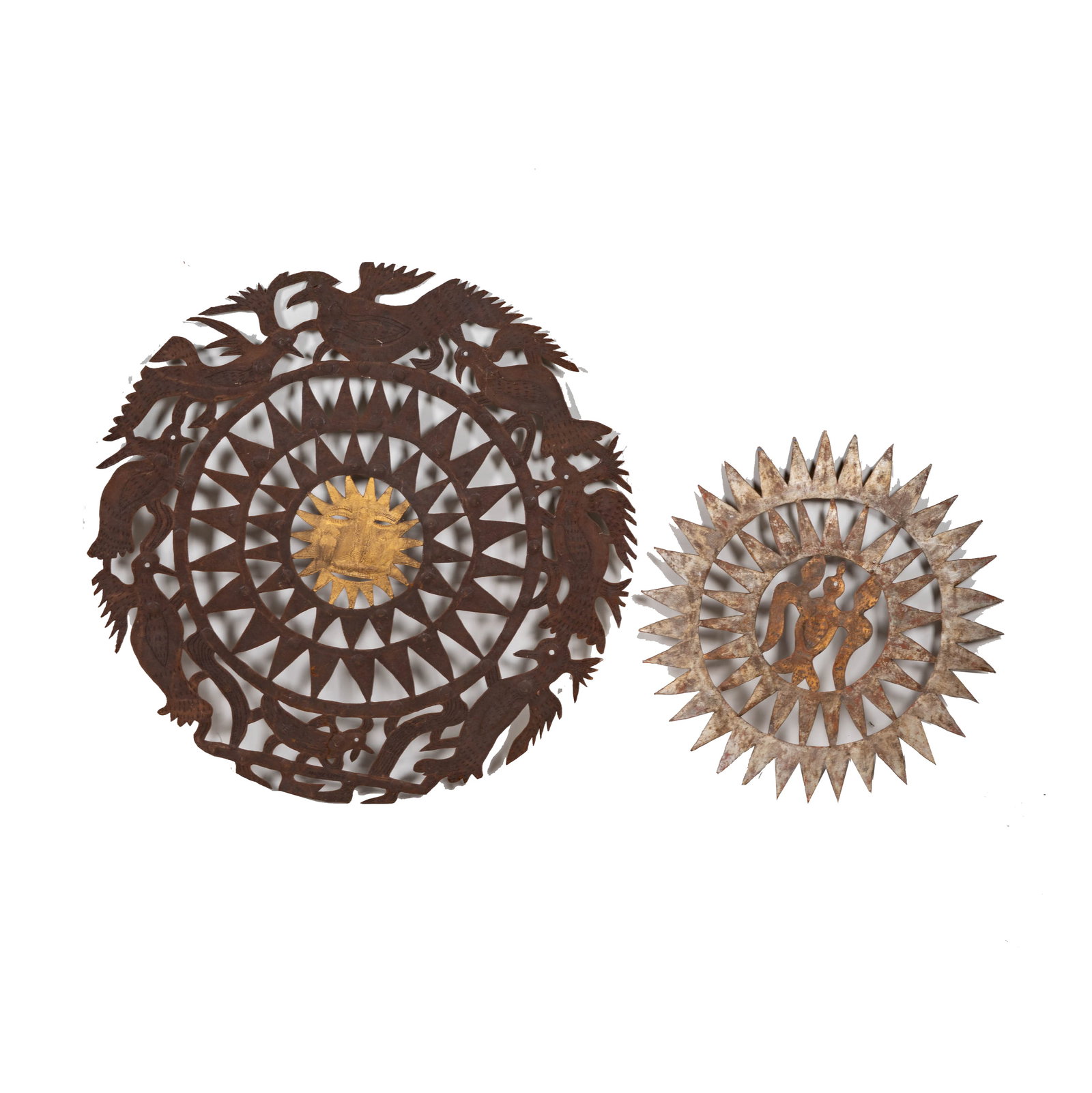 Two Iron Sunburst Wall Plaques: Notes: This item does not qualify for in-house shipping. Please see our preferred shippers' list for quotes or arrange for local pickup. https://www.abell.com/buy-sell/how-to-ship/; 24 x 24 in. (61 x 