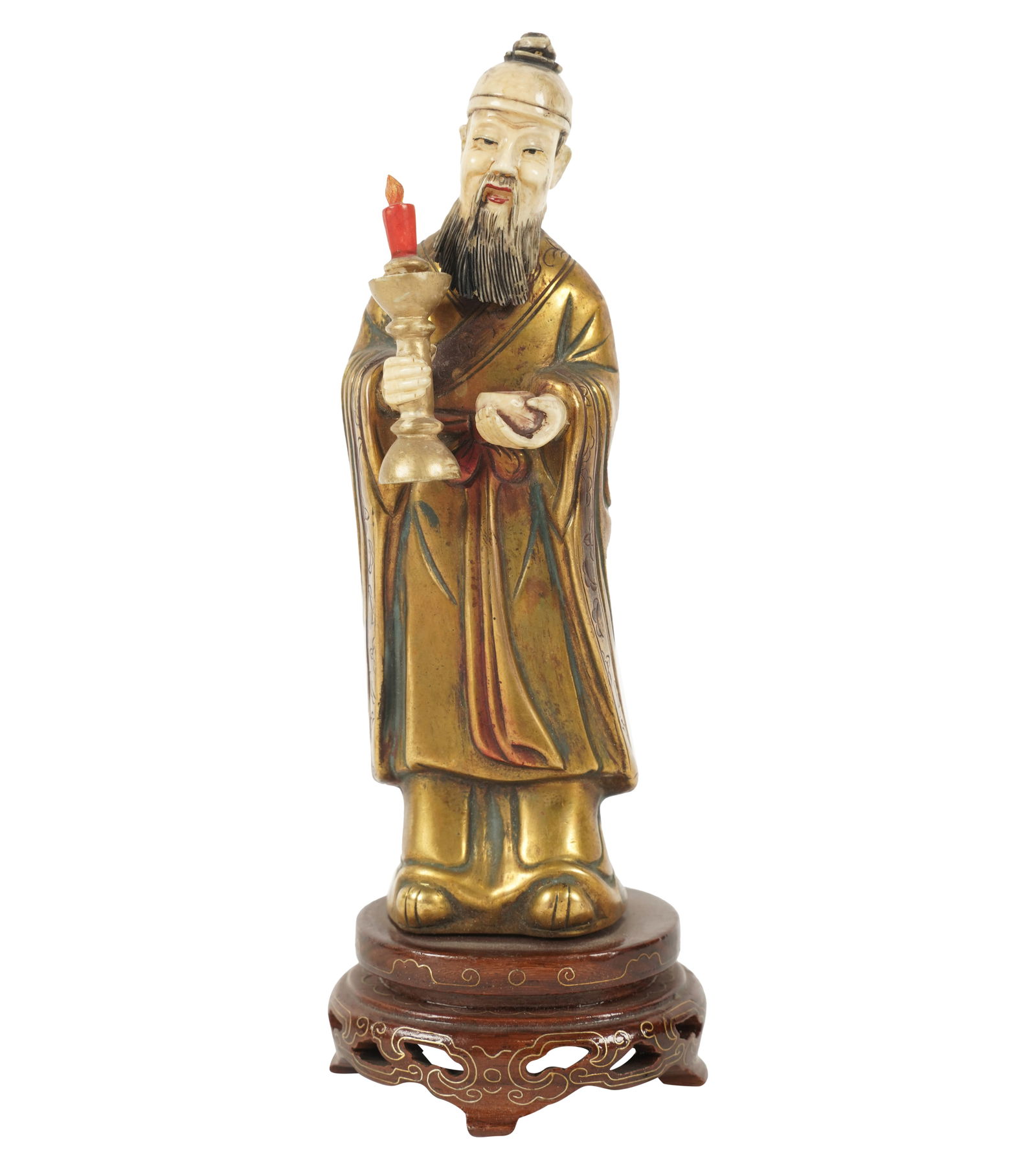 A Chinese Gilt Bronze Figure: depicting a man; on a wooden base; Overall: 6 3/4 x 2 1/2 x 2 1/4 in. (17.1 x 6.4 x 5.7 cm.); ;