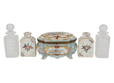 A Group of Porcelain and Glass Dresser Items