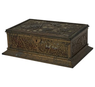 A Tiffany and Co. Grape Pattern Bronze and Slag Glass Cigar Box