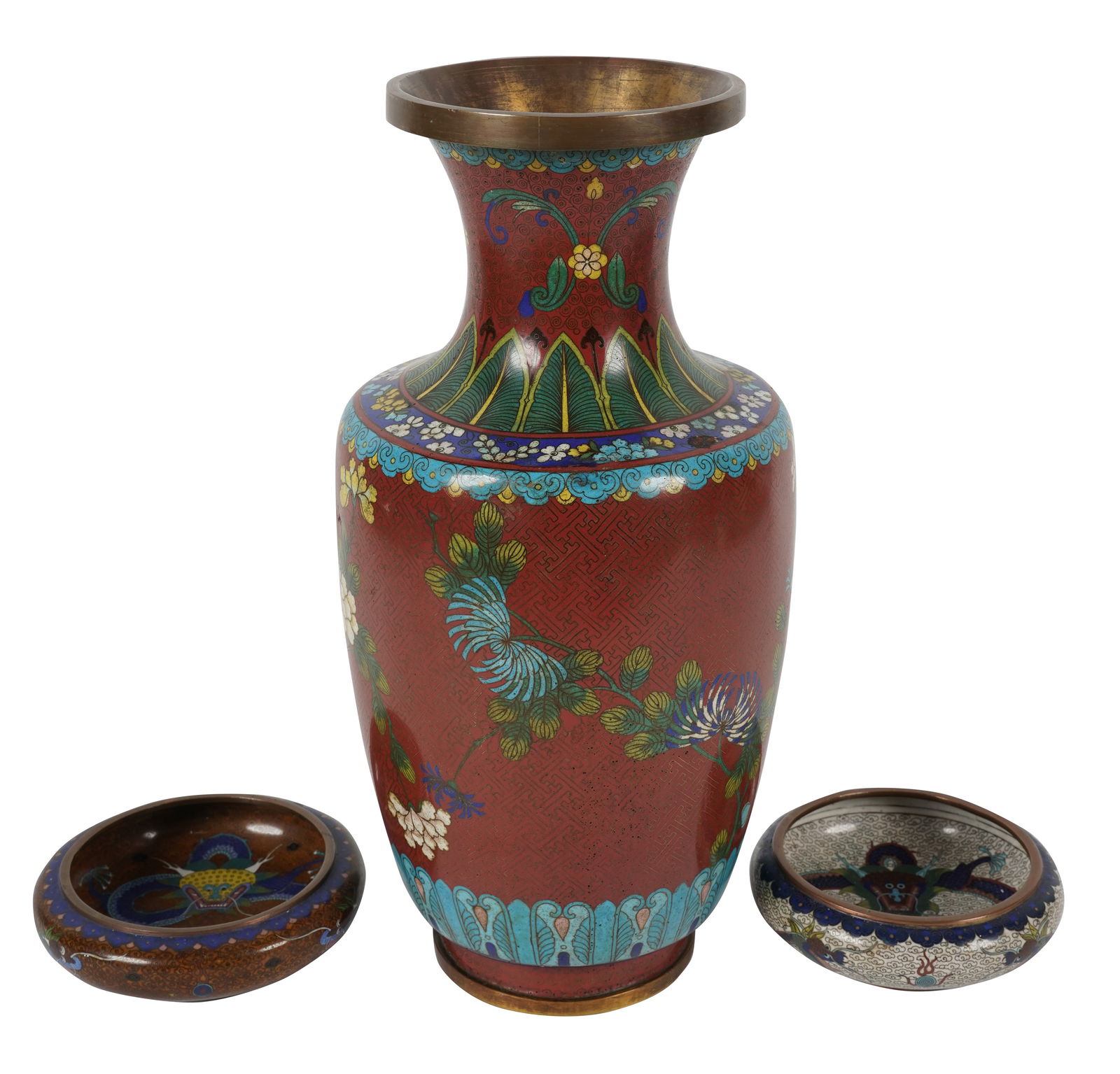 A Group of Chinese Cloisonne: a floral baluster vase (15 1/4 in. high), and two small round bowls with dragons (5 1/4 in. dia. and 5 3/4 in. dia.); Notes: This item does not qualify for in-house shipping. Please see our preferred