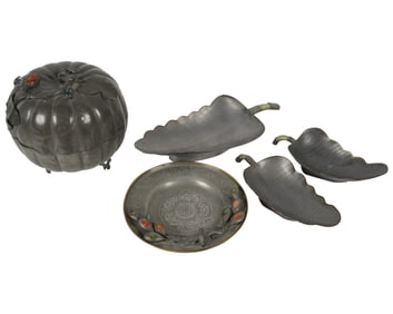 A Group of Chinese Pewter and Stone Table Articles