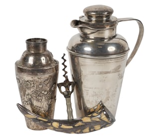 Two Sterling Cocktail Shakers and a Sterling Overlay Cork Screw