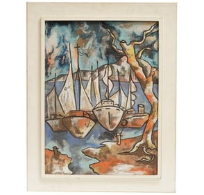 Artist Unknown (Mid 20th Century): Ships in a Harbor