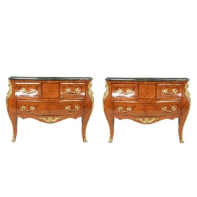 A Pair of Louis XV-Style Marble-Top Bombe Commodes