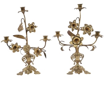 A Pair of Brass Three-Light Candelabra