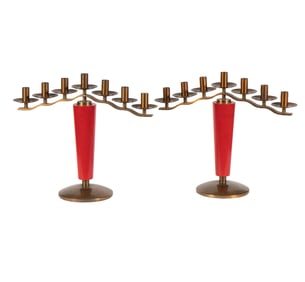 A Pair of French Art Deco Brass and Wood Candelabra