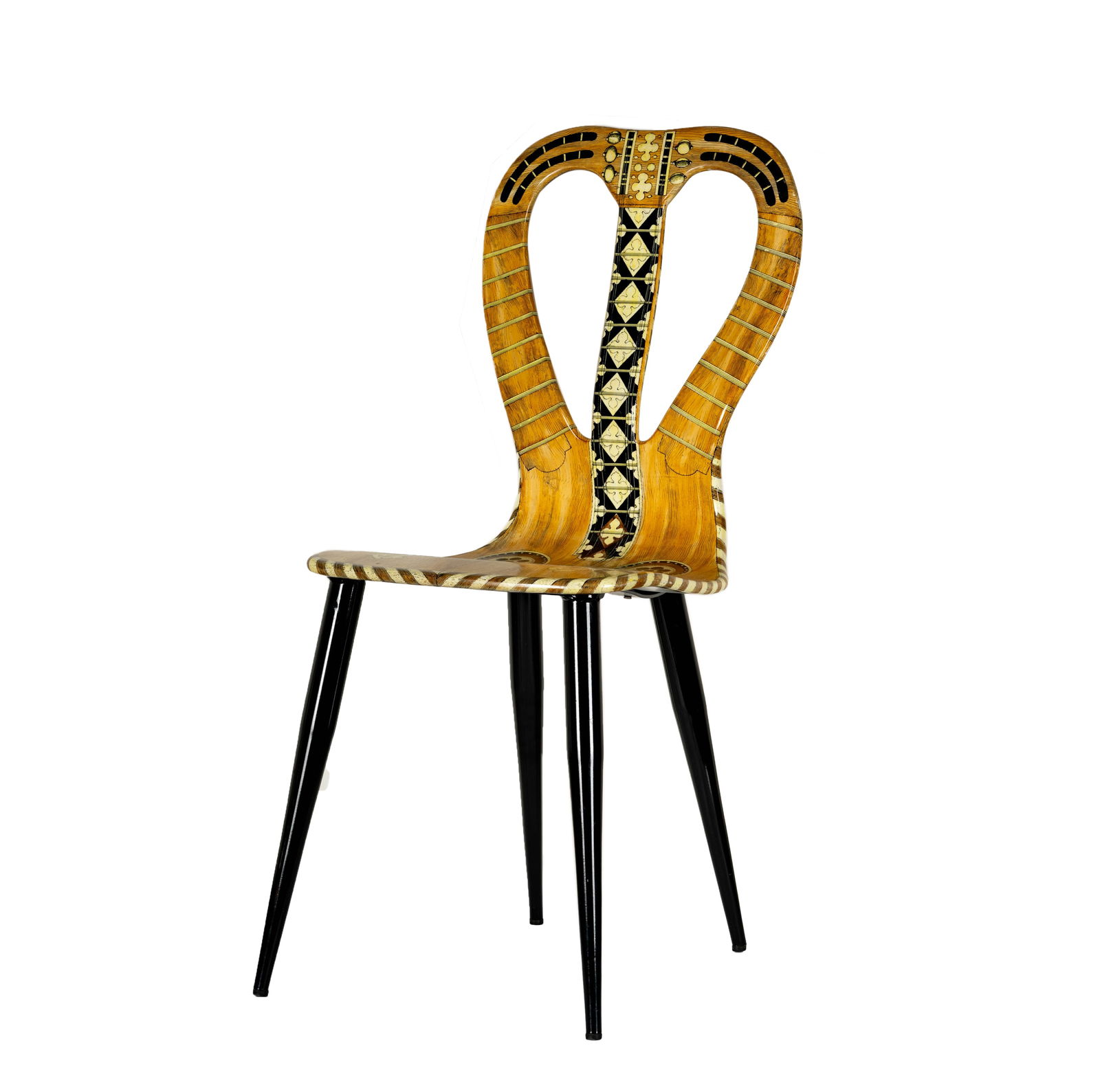 Piero Fornasetti Musicale Chair: lacquered wood with silk-screened and hand-painted decoration; depicting classical musical instruments and sheet music motifs across the seat and backrest; retains original gold and black Fornasetti M