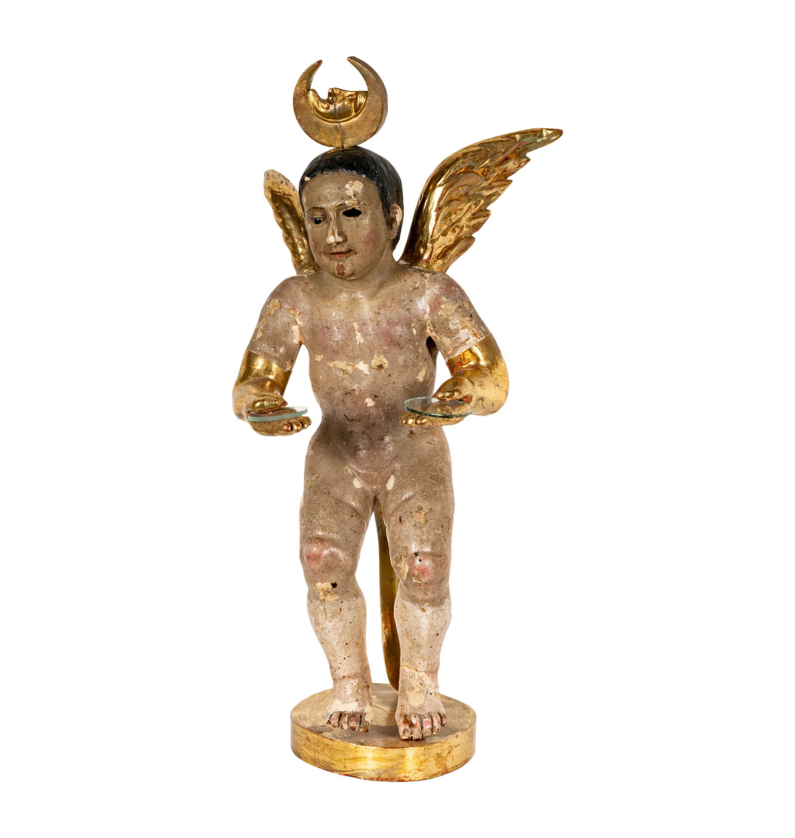 Pedro Friedeberg, Italian/American B. 1936, Santo: parcel gilt and painted wood with glass offering dishes and removable sun/moon top piece, signed underside 18 x 8 x 10 in. (45.7 x 20.3 x 25.4 cm.) ;