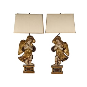 Pair of Polychrome and Gilded Gesso and Wood Angel Lamps