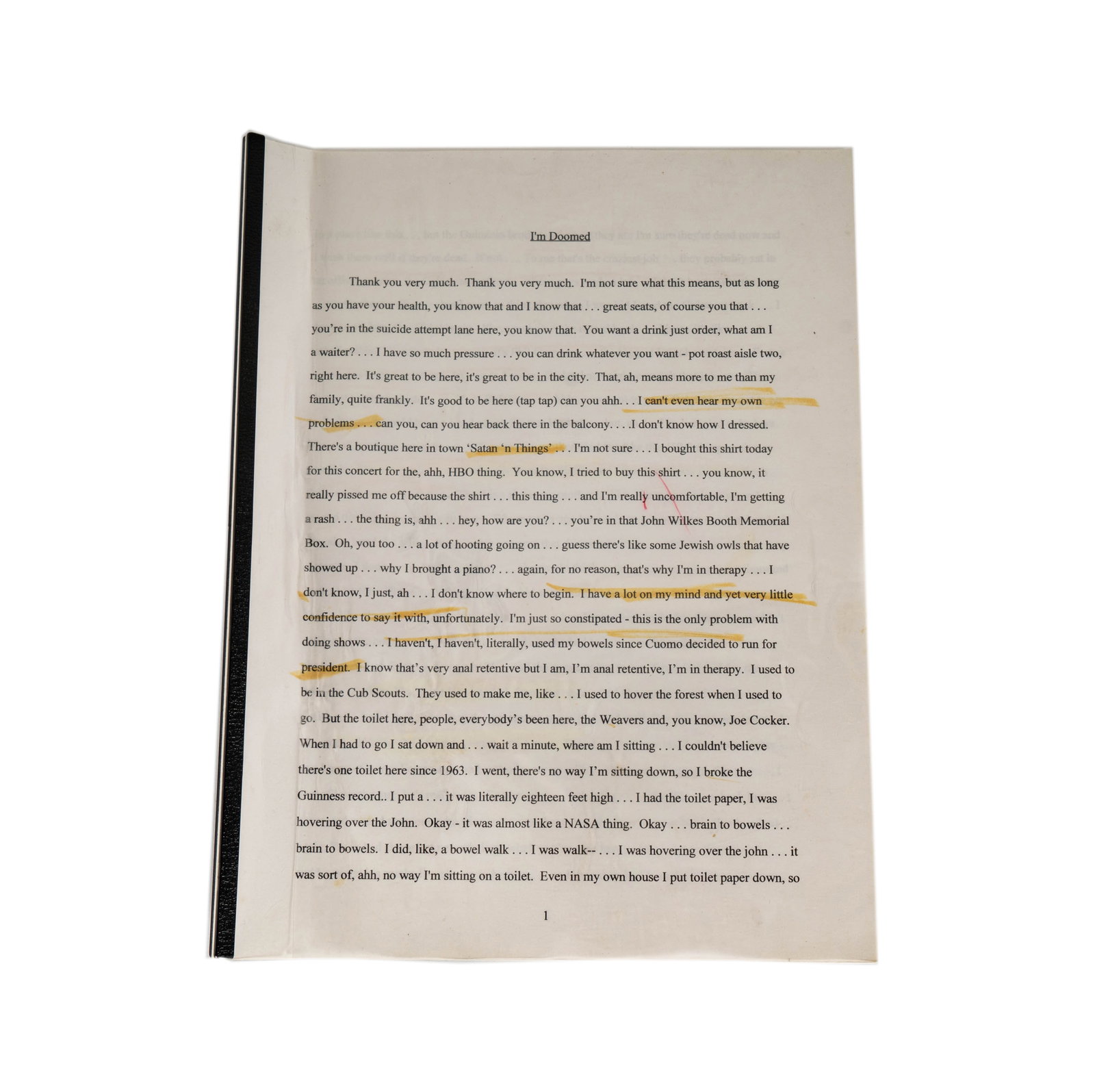 Richard Lewis I'm Doomed Script: bound with highlighted notes, a 1990 HBO comedy special with Richard Lewis performing at the Vic Theater in Chicago 11 x 8 1/2 in. (27.9 x 21.6 cm.) ; From the Estate of Comedian and Actor Richard Lew