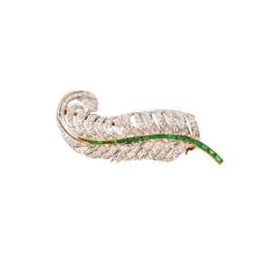 Bob Newhart: 18 Karat White and Yellow Gold, Diamond, and Emerald Feather Brooch