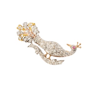 Bob Newhart: Platinum, Tri-Color 18 Karat Gold, Diamond, and Ruby Peacock Brooch