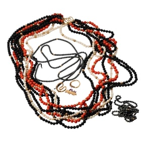 Bob Newhart: 14 Karat Yellow Gold, Coral, Cultured Pearl, and Onyx Torsade Necklace