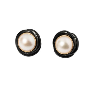 Bob Newhart: Pair of 14 Karat Yellow Gold, Onyx, and Mabe Cultured Pearl Earrings