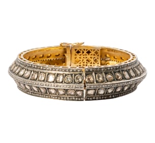Bob Newhart: 14 Karat Yellow Gold, Silver, Diamond, and Polki-Cut Diamond Bangle Bracelet