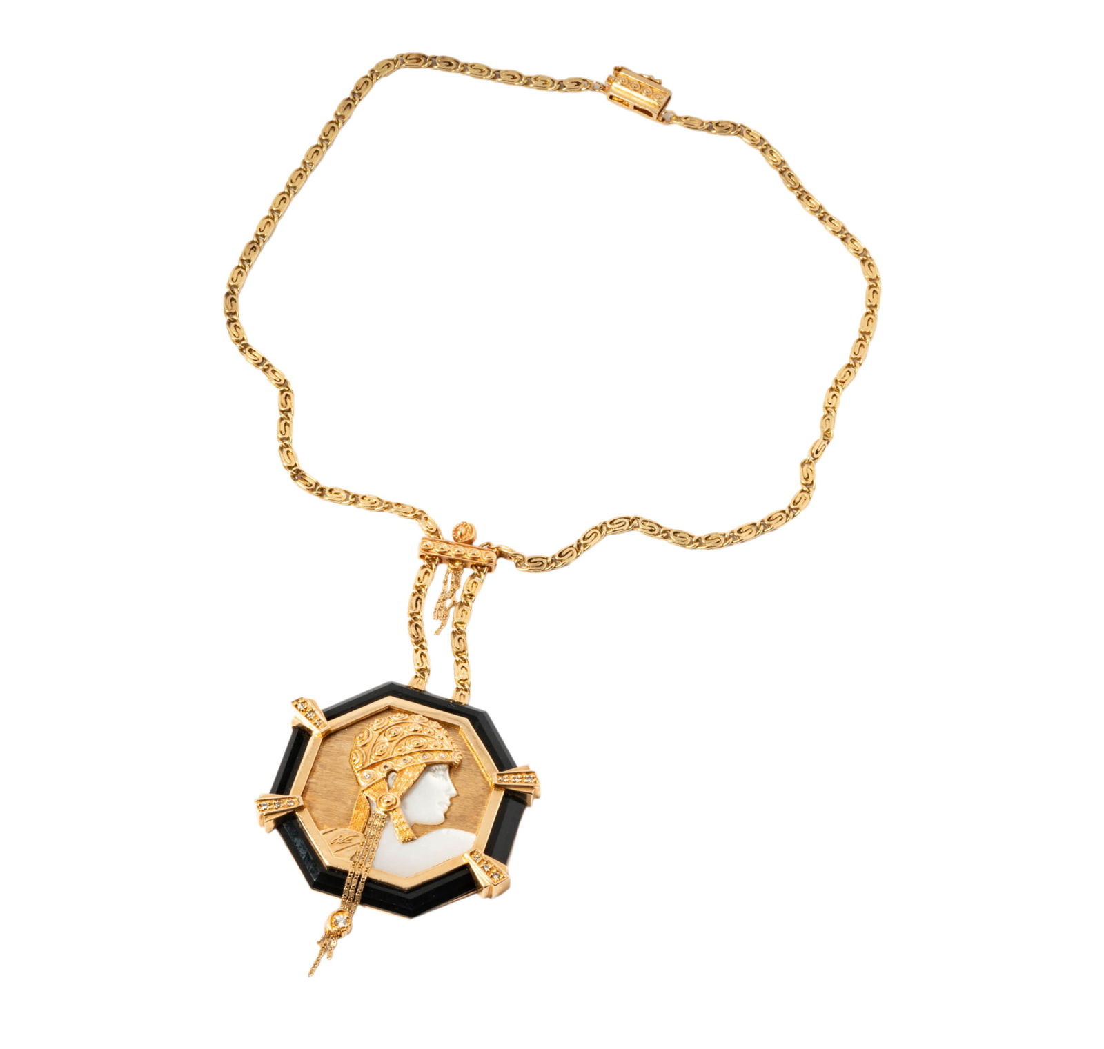 Bob Newhart: Erte 14 Karat Yellow Gold, Diamond, Onyx, and Mother-of-Pearl Necklace: pendant set with onyx, mother-of-pearl, and 18 diamonds weighing approximately 0.10 carats total; chain measuring 16-1/8 inches long by 3.30mm wide, pendant measuring 46.95mm in diameter; weighing 58.