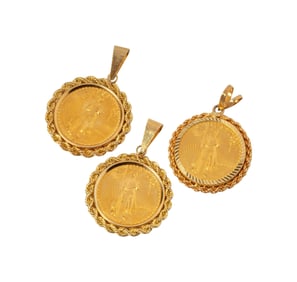 Bob Newhart: Three 14 Karat Yellow Gold Mounted $10 1/4 oz Gold Eagle Coin Pendants