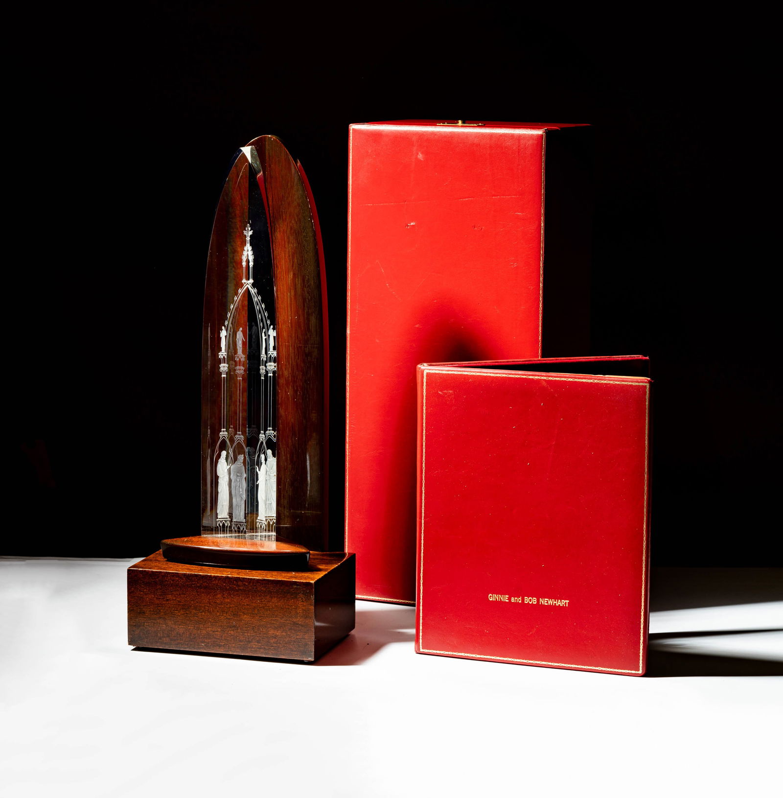 Bob Newhart: Steuben Glass Cathedral Sculpture: designed by George Thompson; with the original case and documentation 15 3/4 in. (40 cm.) high Provenance: From The Legendary Estate of Bob and Ginnie Newhart, celebrated icons of American entertainme