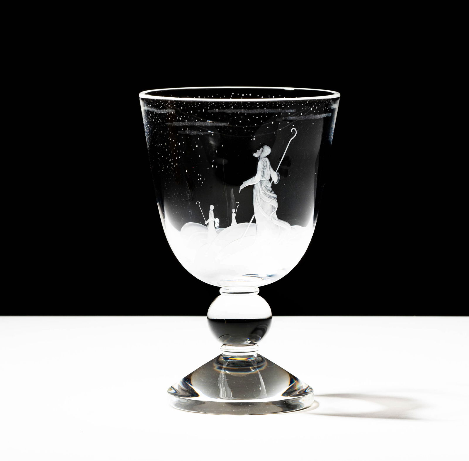 Bob Newhart: A Steuben Glass Shepherd's Cup: etched signature, designed by Peter Yenawine, engraving design by Zevi Blum, with original fitted box 8 1/4 in. (21 cm.) Provenance: From The Legendary Estate of Bob and Ginnie Newhart, celebrated ico