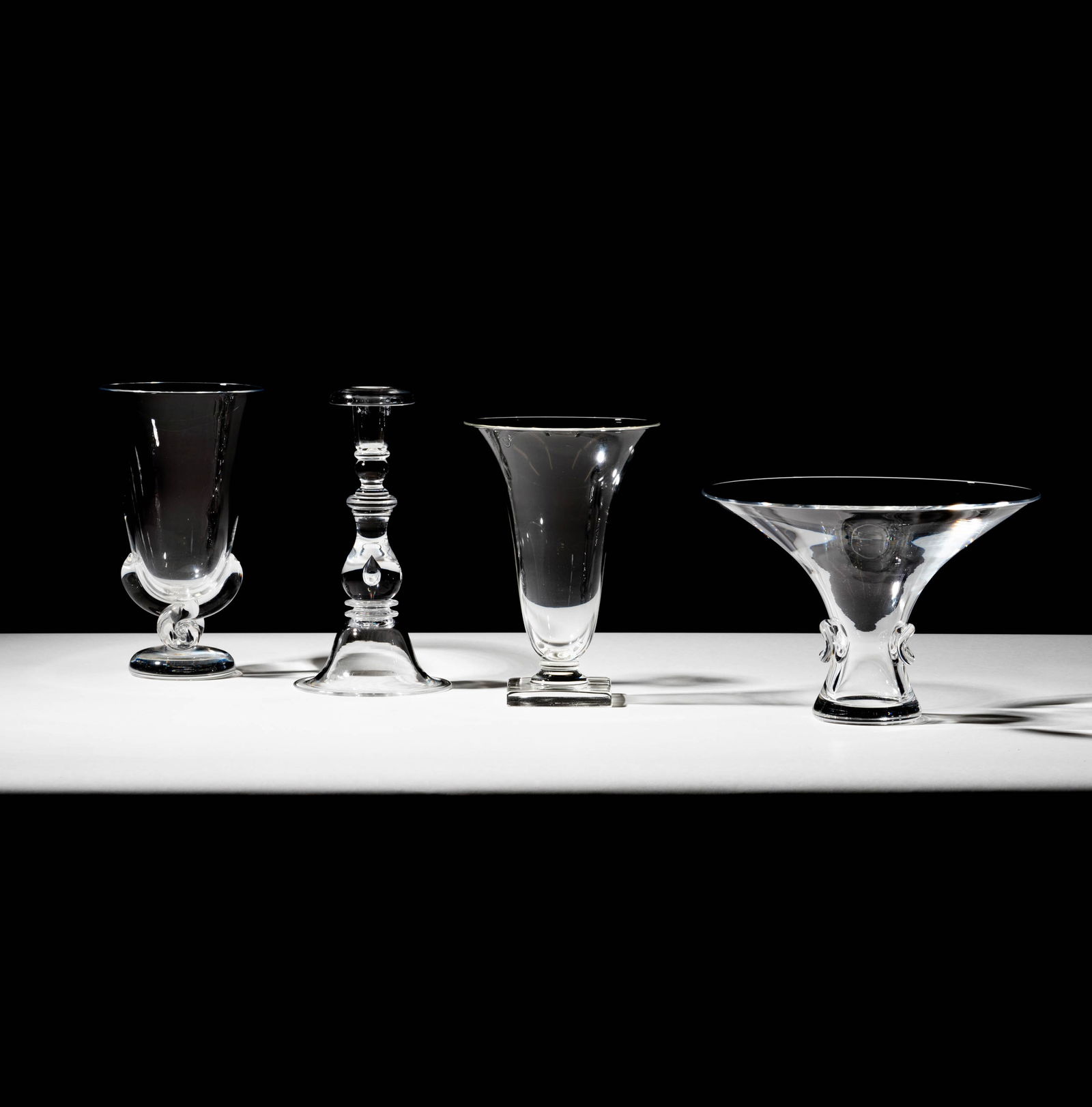 Bob Newhart: A Group of Steuben Glass: each with etched signatures Large Compote: 6 1/2 x 9 1/2 in. (16.5 x 24.1 cm.) Smallest Vase: 8 x 5 1/2 in. (20.3 x 14 cm.) Provenance: From The Legendary Estate of Bob and Ginnie Newhart, celebrated