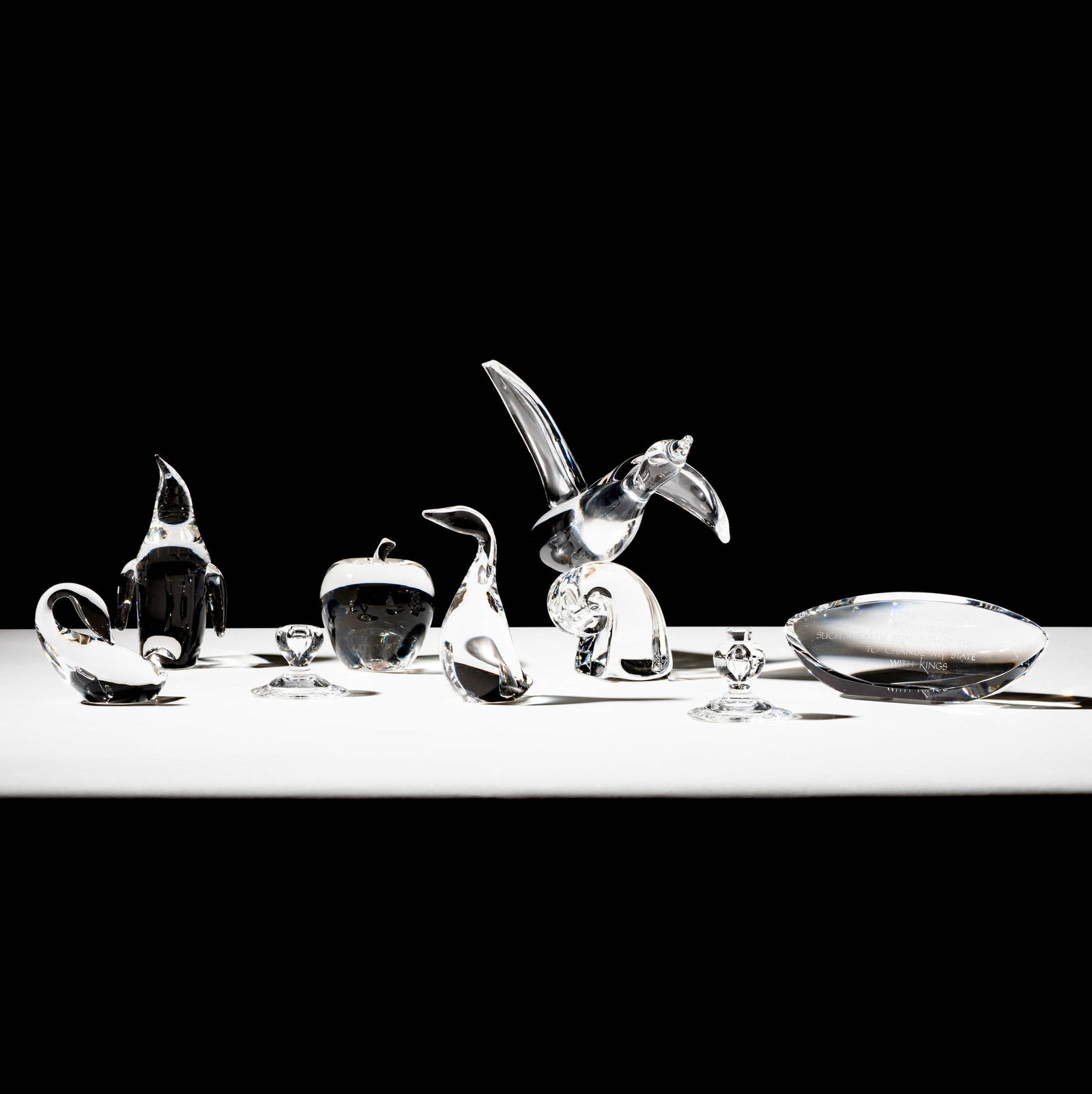 Bob Newhart: A Group of Steuben Glass Table Articles: with etched signatures, The bird in flight (9 1/4 x 10 x 7 in.) [8 pieces] Provenance: From The Legendary Estate of Bob and Ginnie Newhart, celebrated icons of American entertainment. Bob Newhart, the