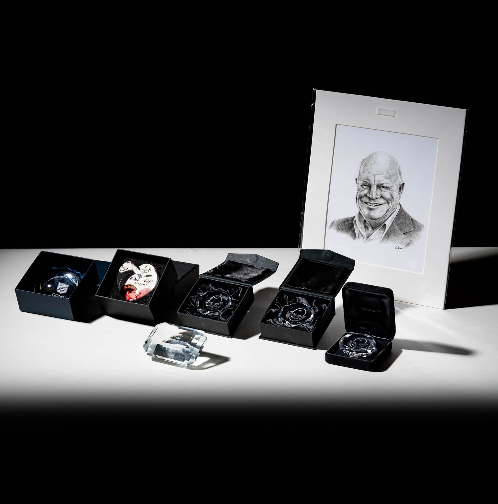 Bob Newhart: Group of Don Rickles Commemoratives: comprising five Don Rickles paperweights in four boxes, one unframed photo of Don Rickles and one Salvation Army paperweight in box Photo: 14 x 11 in. (35.6 x 27.9 cm.) Provenance: From The Legendary