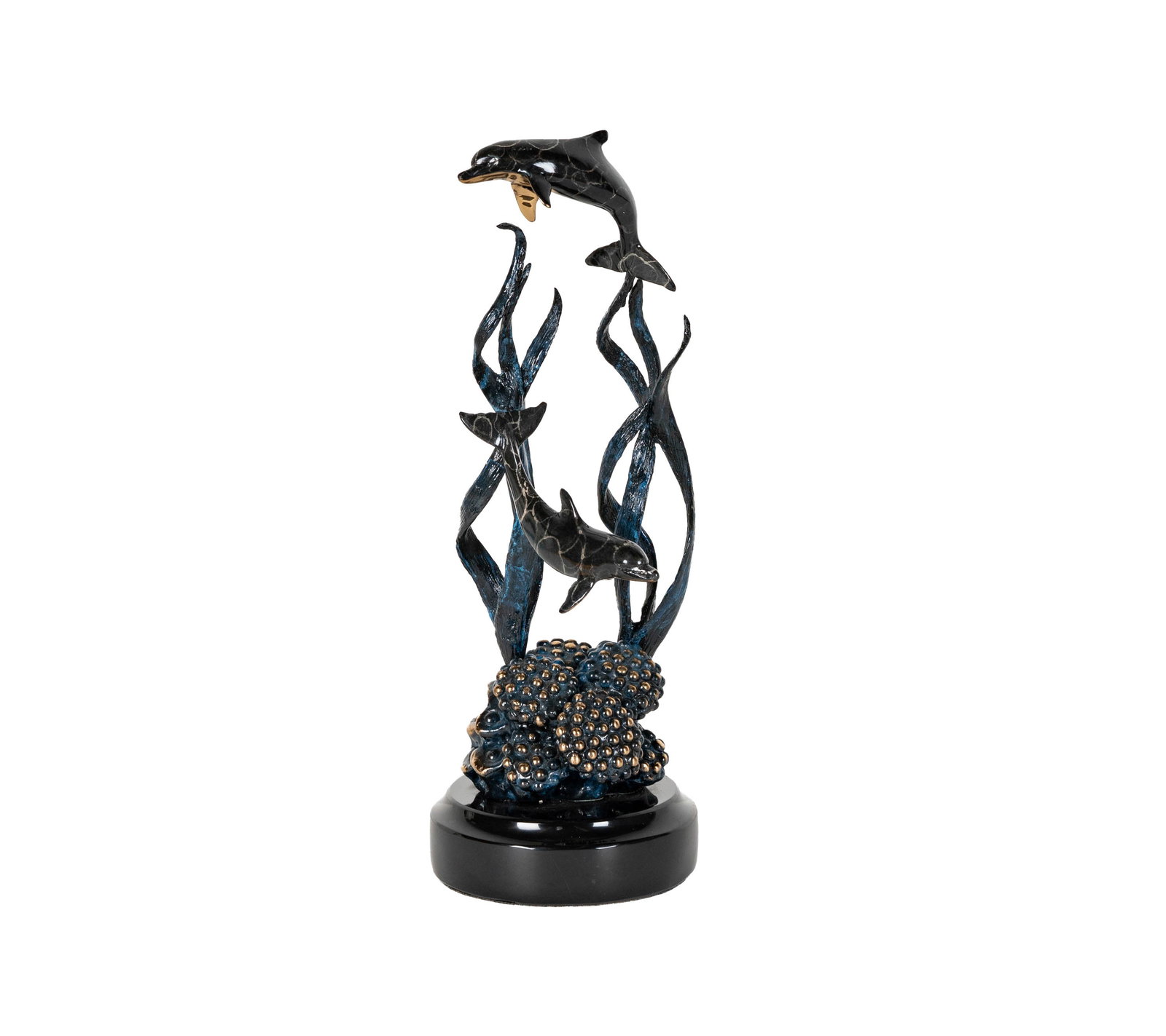 Bob Newhart: Donjo Enameled Bronze "Baja California Dolphins at Play" Sculpture: signed, ed. 57/975 11 in. high (27.9 cm.) Provenance: From The Legendary Estate of Bob and Ginnie Newhart, celebrated icons of American entertainment. Bob Newhart, the groundbreaking comedian, actor, 