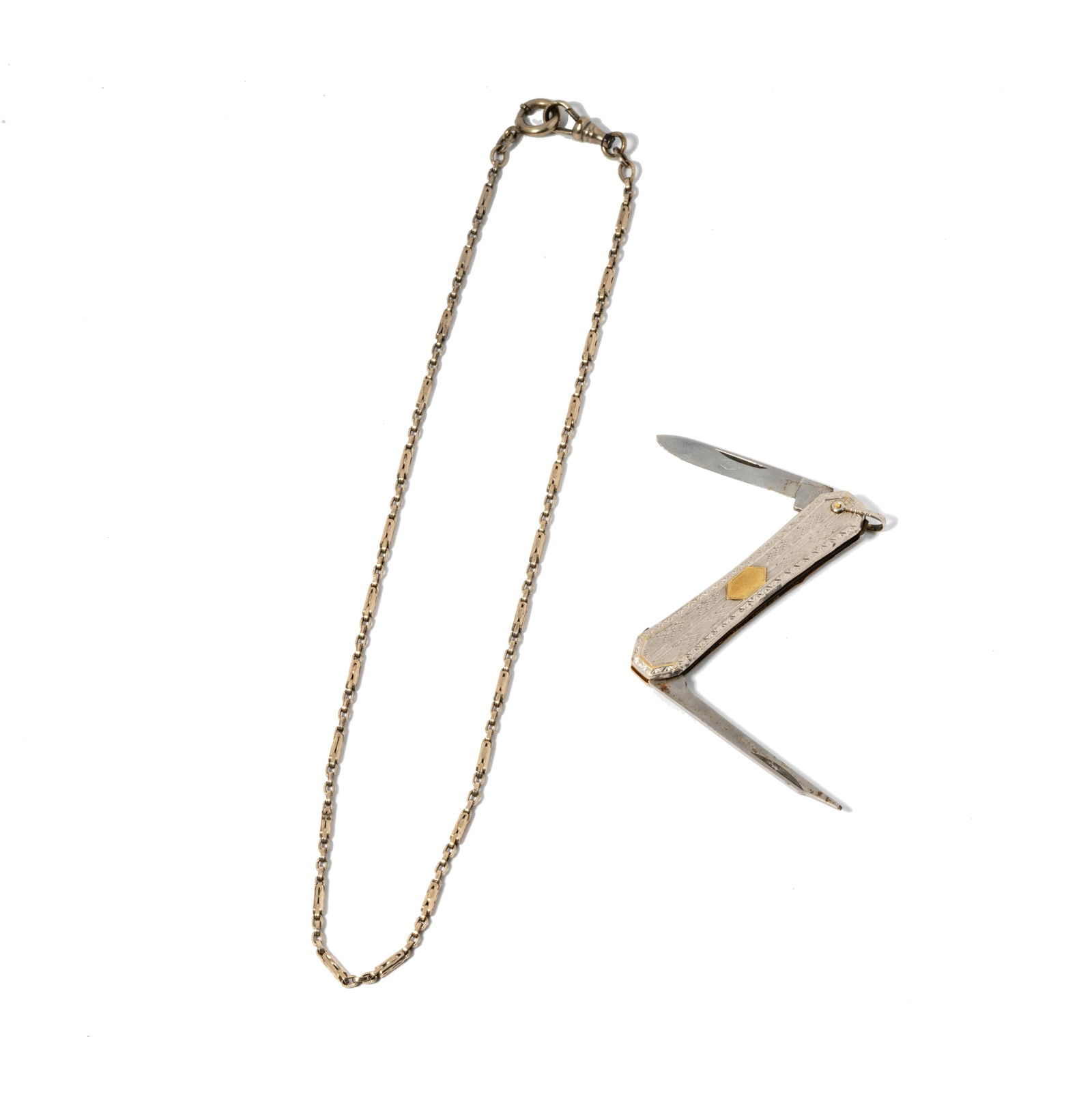 Esemco Platinum, 14 Karat Gold, Pocket Knife, and White Gold-Filled Chain
