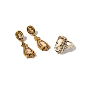 14 Karat Gold, Cameo Ring and Earrings