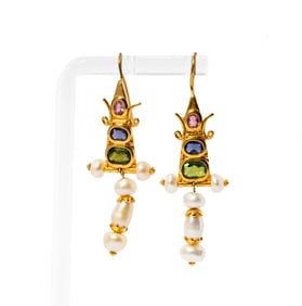 One Pair Of 18 Karat Yellow Gold, Tourmaline and Pearl Earrings