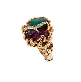 14 Karat Yellow Gold, Diamond, Synthetic Emerald and Ruby Brutalist Ring