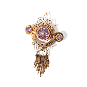 14 Karat Rose Gold, Amethyst, Pearl, and Enamel Brooch