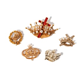 Five Gold Crown Gem-set Brooches