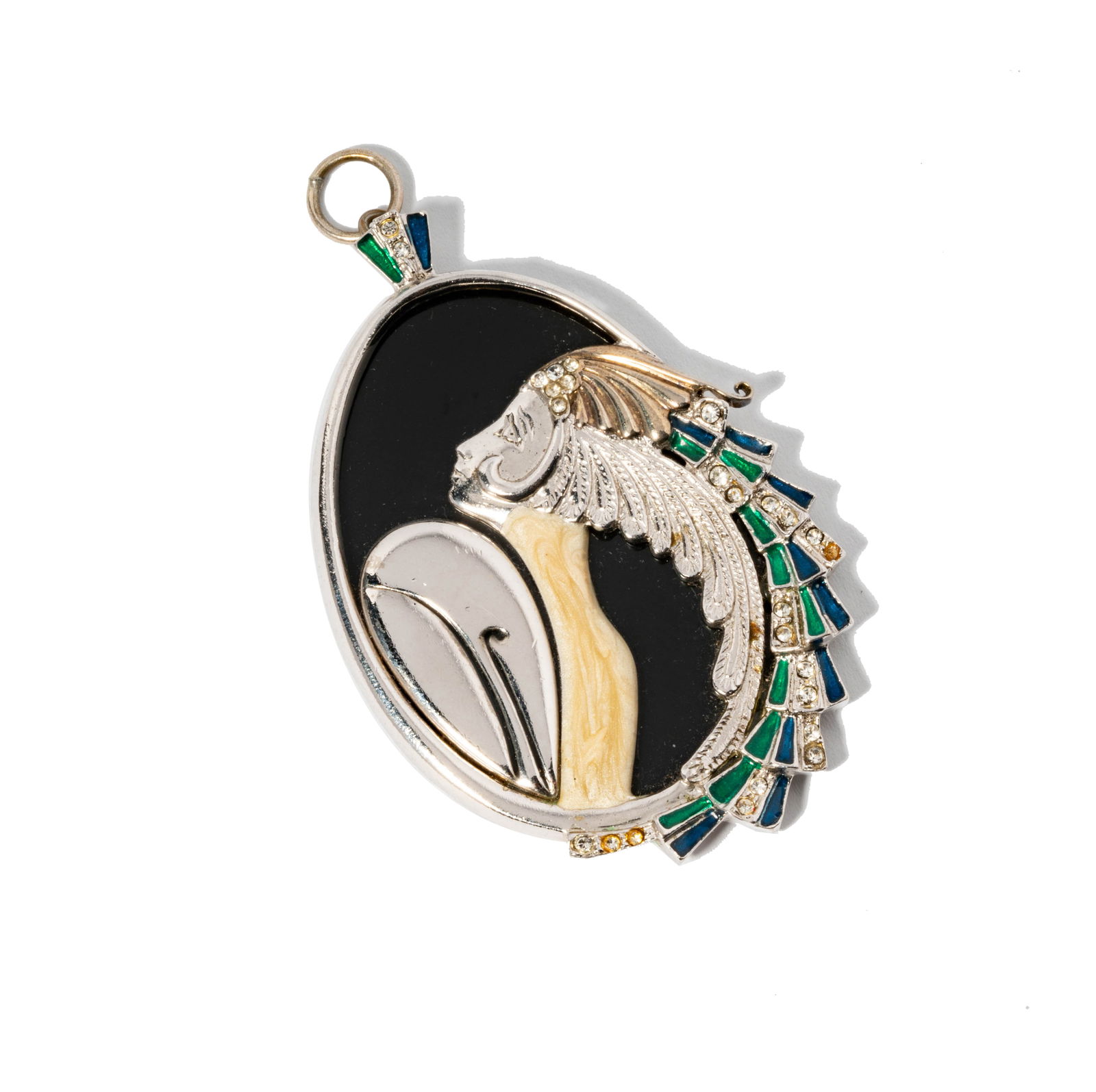 Erte Silver, Gold Vermeil, Beauty and the Beast Pendant: pendant set with rhinestones, onyx, and enamel accents; numbered 263/500; pendant: 3 x 1.7 x .2 in. (7.6 x 4.3 x 0.5 cm.)